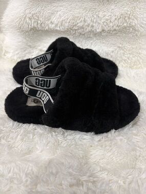 UGG Black Plush Slide Sandals with Branded Elastic Heel